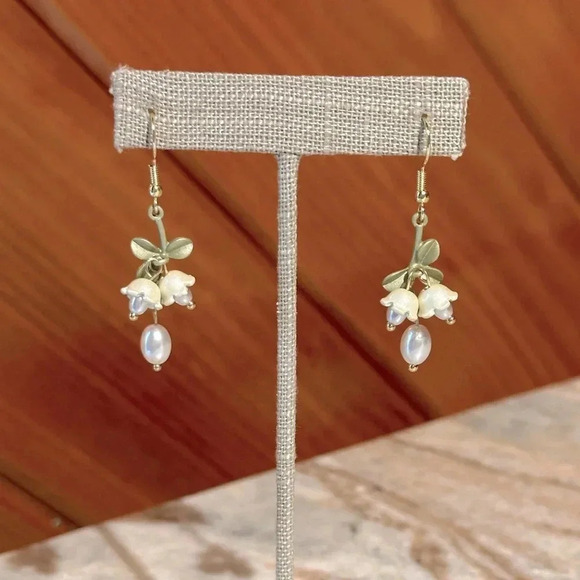 Delicate Lily of The Valley & Faux Pearl Dangle Earrings French Wire Posts - Picture 1 of 3